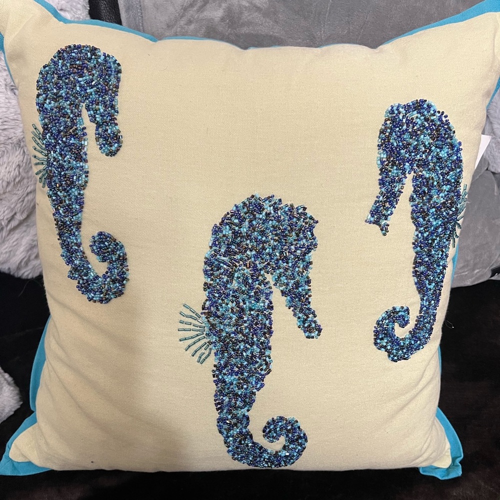 COASTAL COLLECTION Aqua Seahorse Ocean Beach Beaded Throw Pillow NEW!